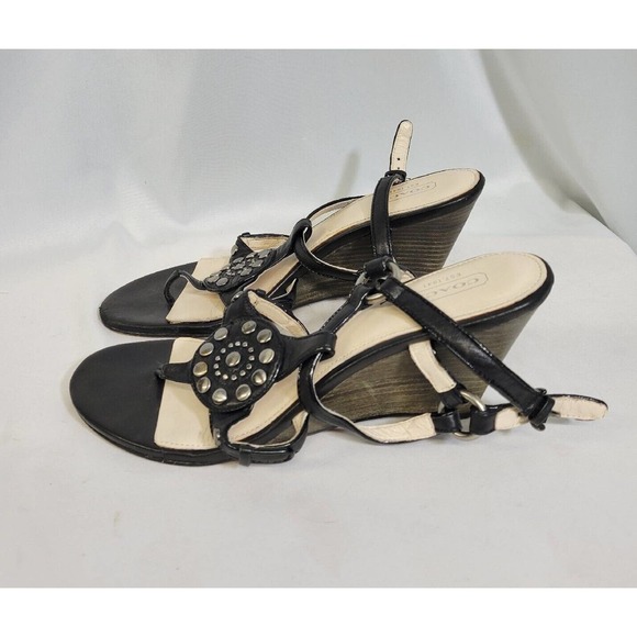 COACH Harper Black Leather Silver Stud Slingback Wedge Sandals Size 8.5 - Picture 5 of 10